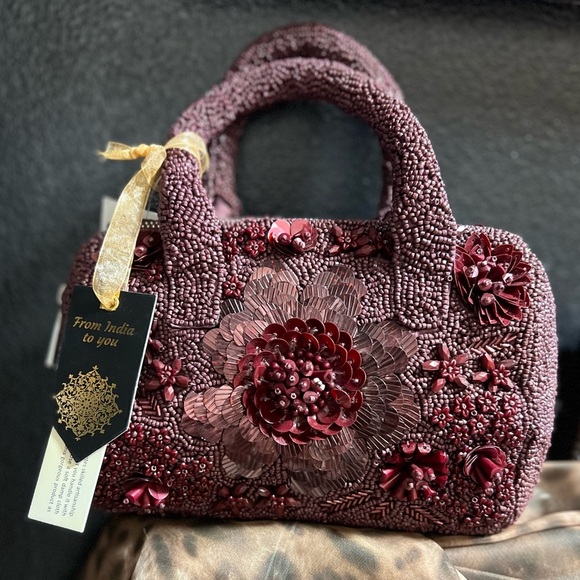 🖤🖤MADE IN INDIA GORGEOUS WINE/BURGUNDY  HANDCRAFTED BEADED BAG🖤🖤NWT - Picture 8 of 14